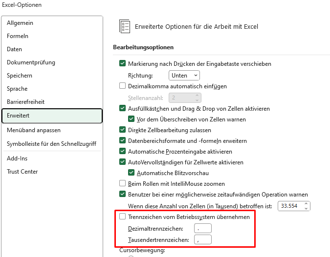 Erweiterte Einstellungen der Excel Optionen um die Trennzeichen anzupassen