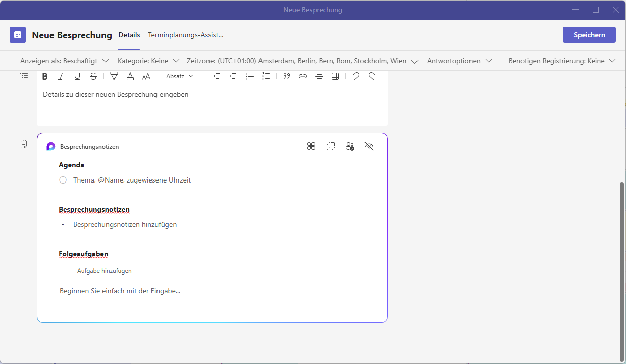 Besprechungsnotizen starten durch Klick auf Agenda