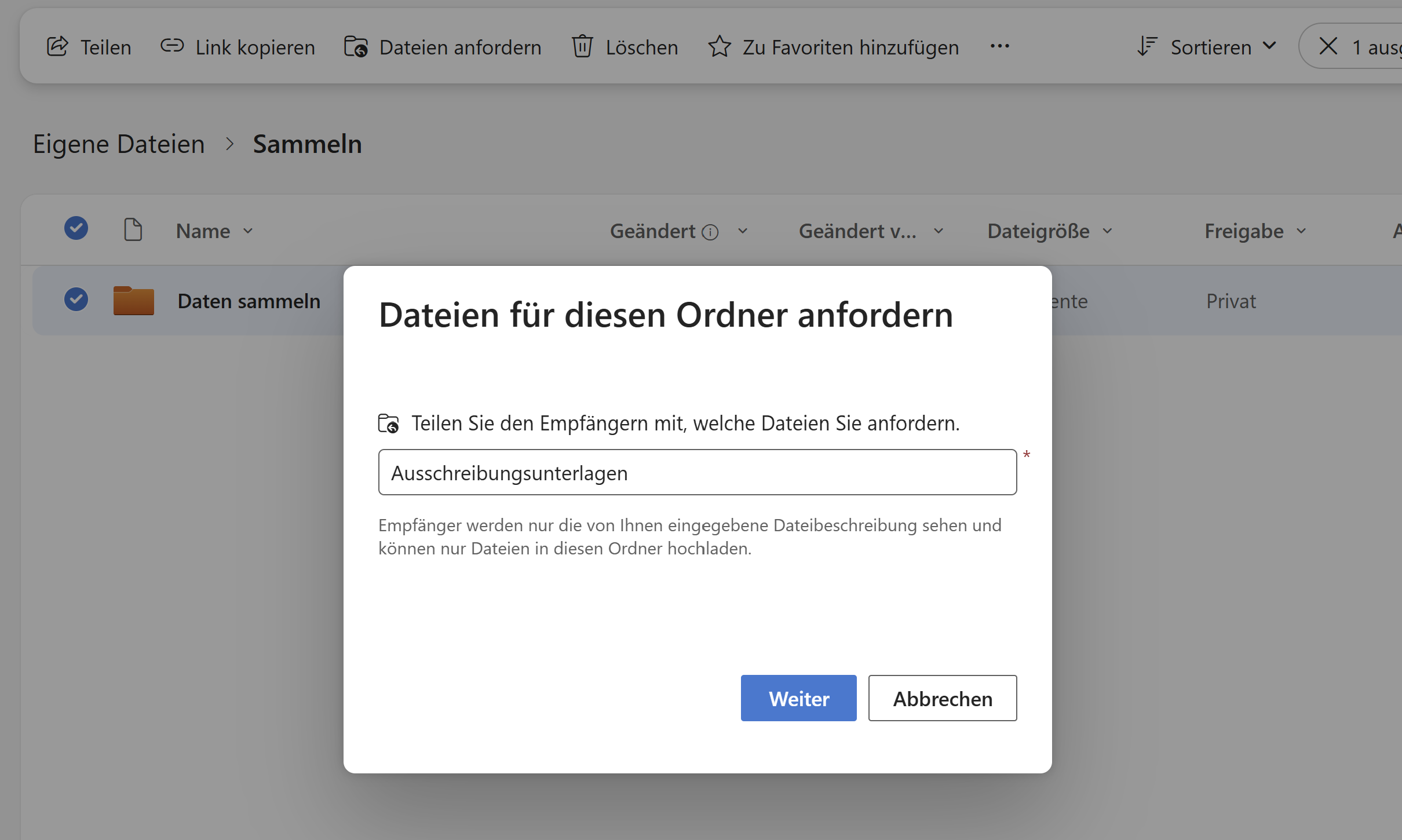 Kontextmenü für den Dialog in OneDrive Dateien anfordern, um dem Empfänger mitzuteilen, welche Dateien gesammelt werden.