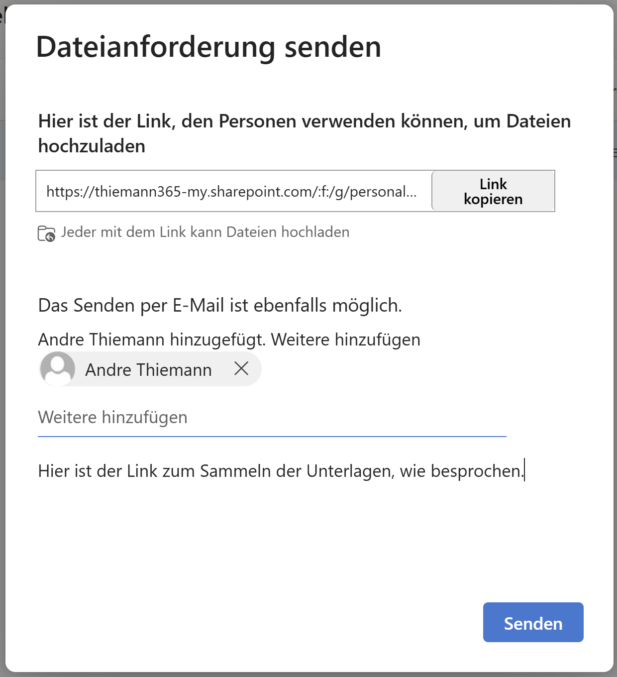 Link für das Einsammeln von Dateien und versenden einer E-Mail mit dem Link